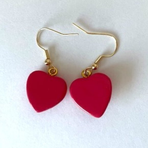 Melon Red Heart Earrings - Handmade with Paper Mache - Picture 3 of 4